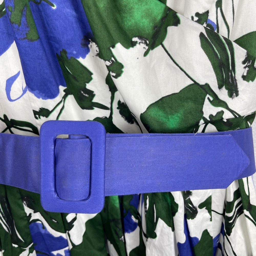 J. Peterman Floral Midi Dress Womens 8 Blue Green White Belted Fit Flare Cotton - Picture 7 of 11